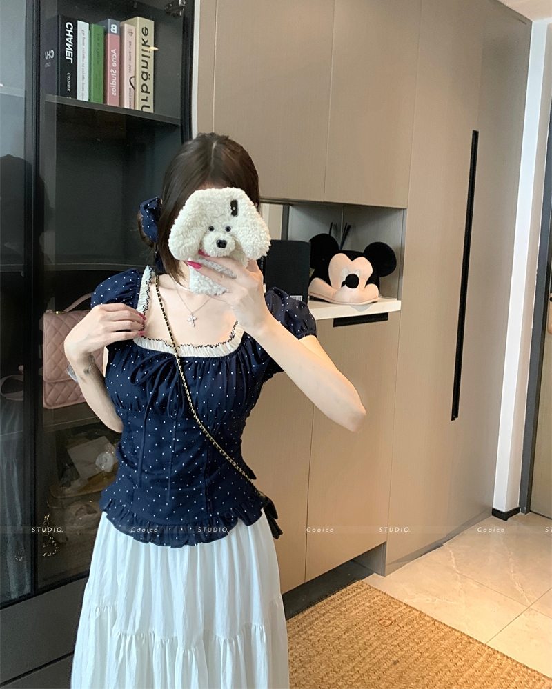 MY9827# 大码胖mm法式气质甜美风波点短袖衬衫蕾丝花边绝美小衫上衣女裝貨源服裝批發