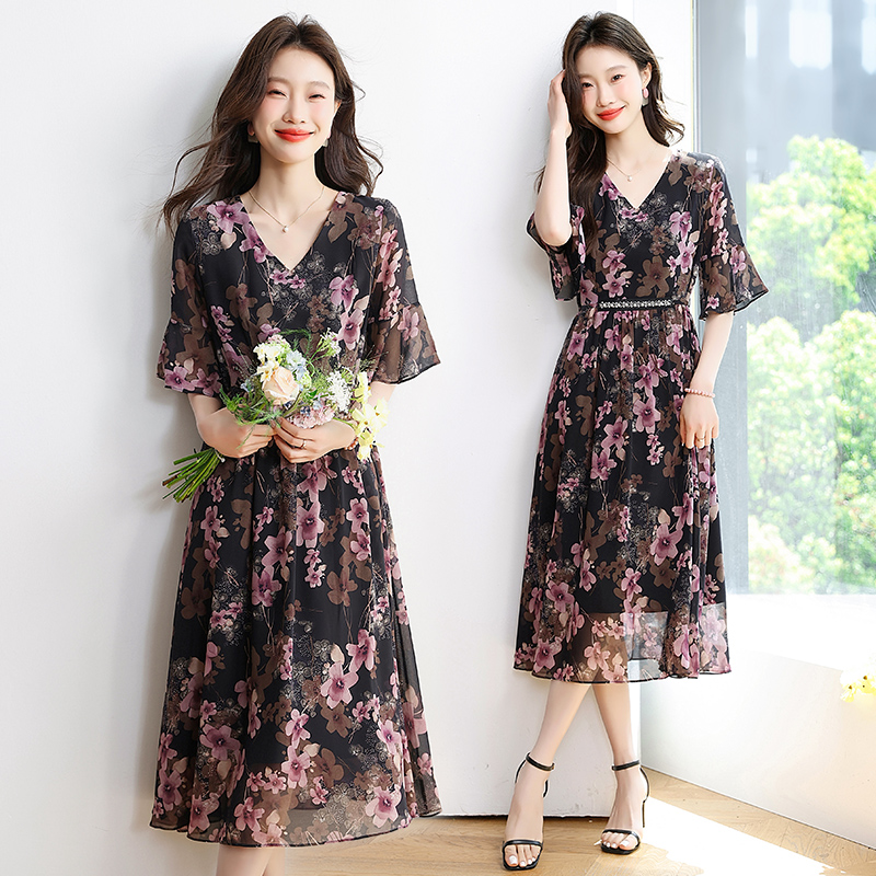 RY1646# 2026夏季薰衣草紫色温柔风穿搭女人味印花连衣裙