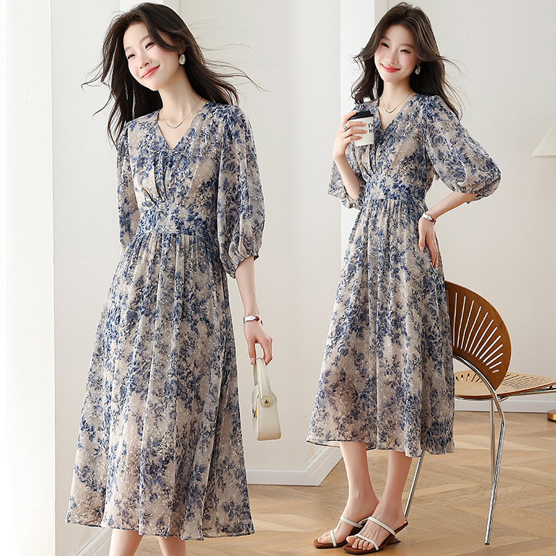 RY3427# 法式长裙雪纺碎花连衣裙女夏季2026新款温柔风v领气质显瘦...