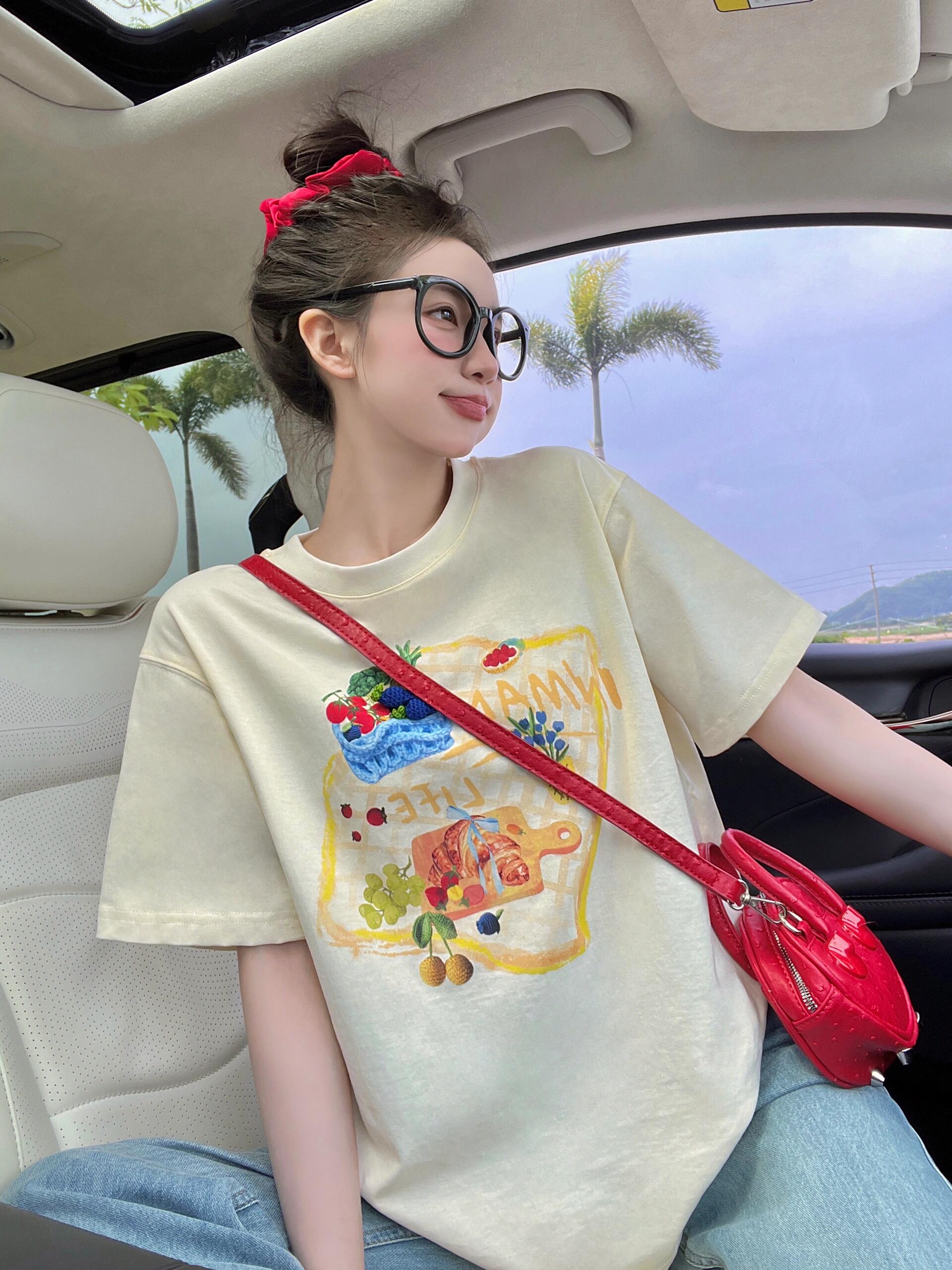 MY17013# 休闲印花纯棉圆领短袖T恤女2026年夏新款黄色上衣女裝貨源服裝批發