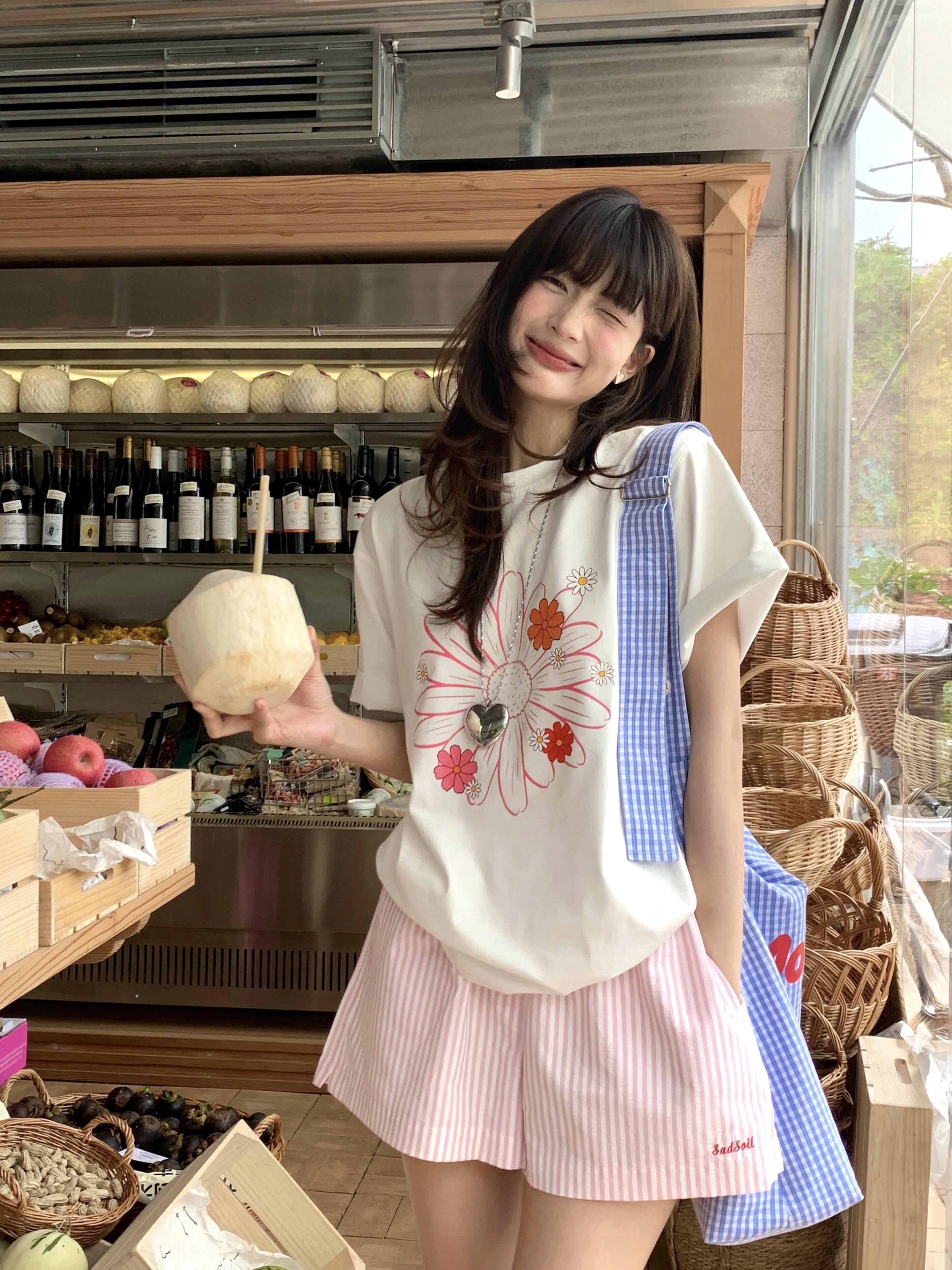 MY17012# 韩系小雏菊印花短袖女夏季慵懒风宽松显瘦t恤白色圆领百搭上衣ins女裝貨源服裝批發