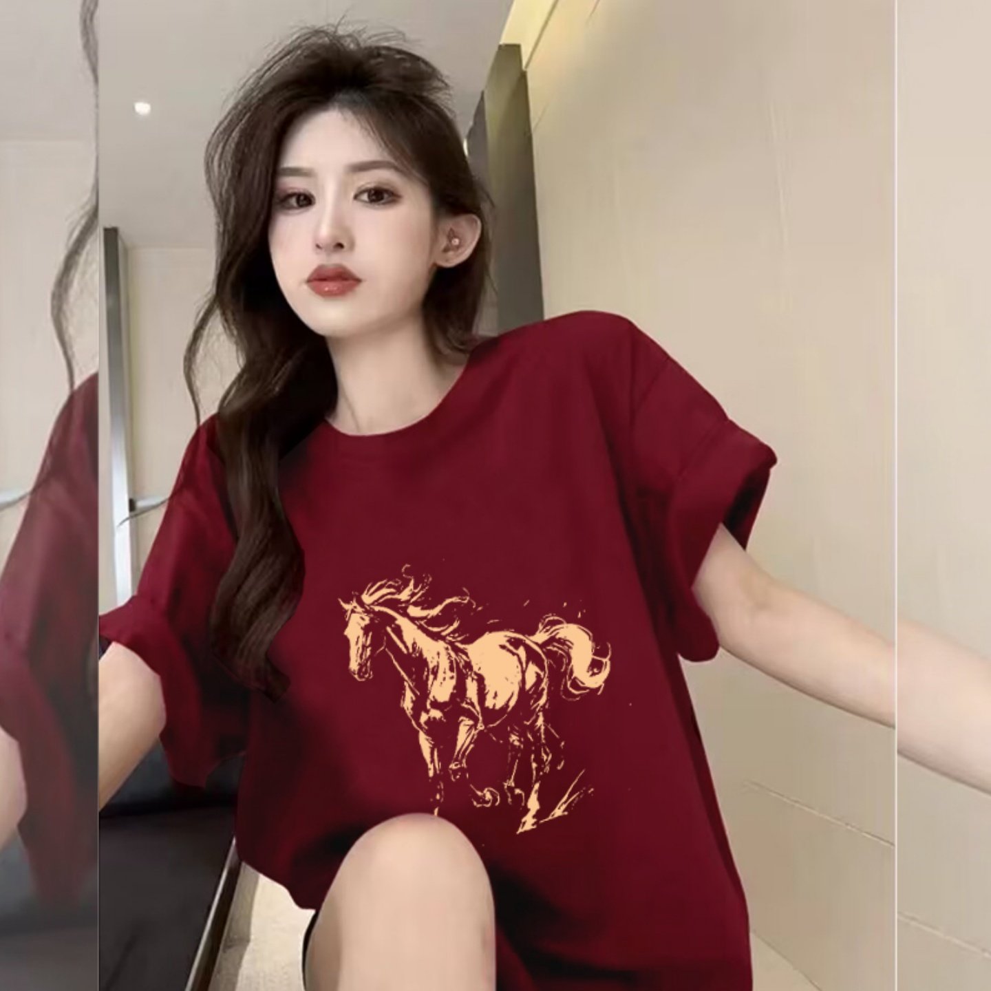 MY17009# 红色印花短袖T恤女装春季2026马年本命年衣服中长款下衣...