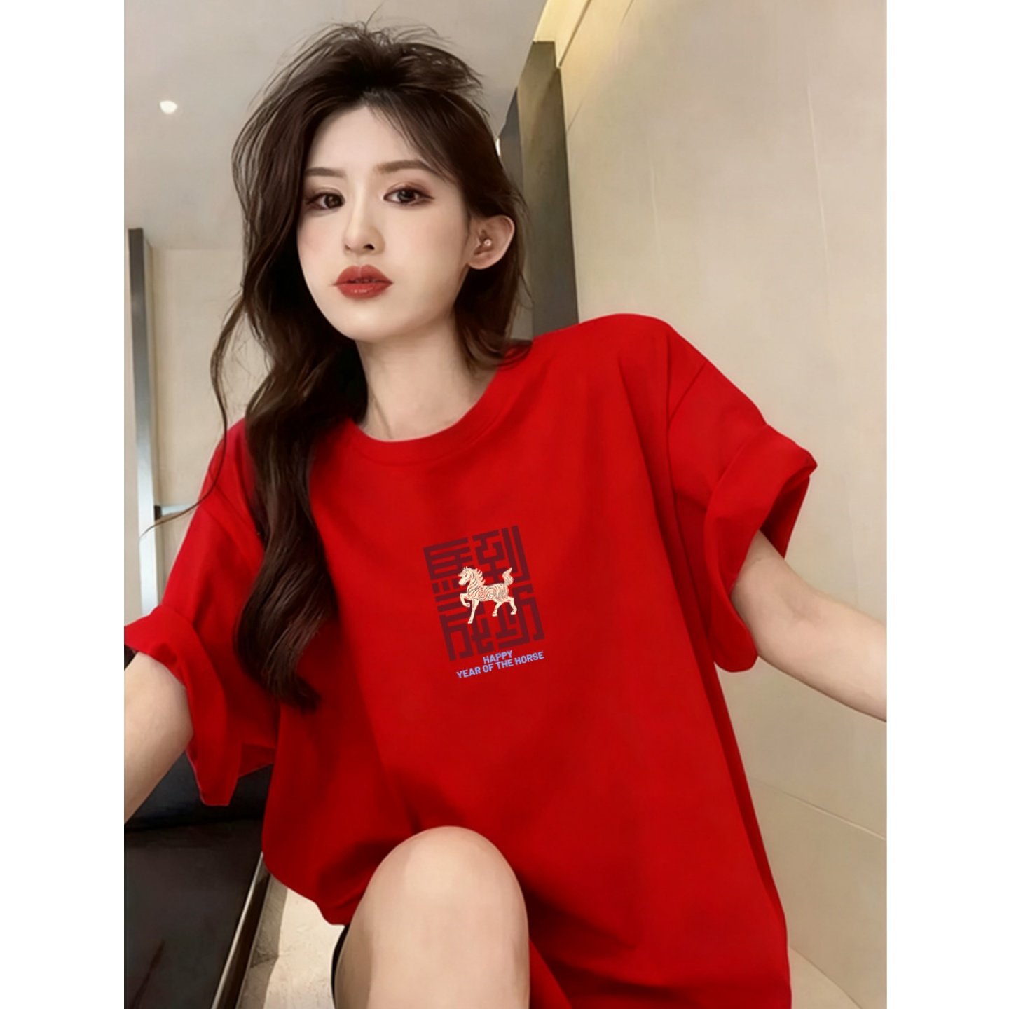 MY17006# 马到成功红色纯棉短袖t恤女2026马年本命年衣服新年宽松...