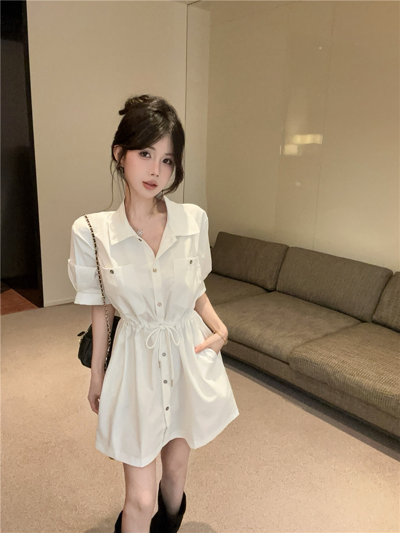 MY9101# 夏新款复古工装气质polo领短袖抽绳收腰修身连衣裙女裝貨源服裝批發