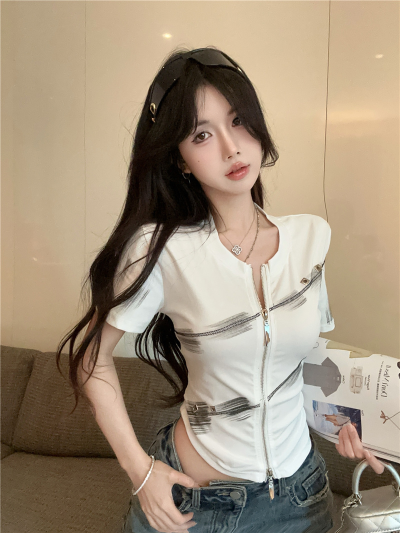 MY9097# 美式辣妹设计感双头拉链短袖T恤时尚性感洋气百搭外穿女女裝貨源服裝批發