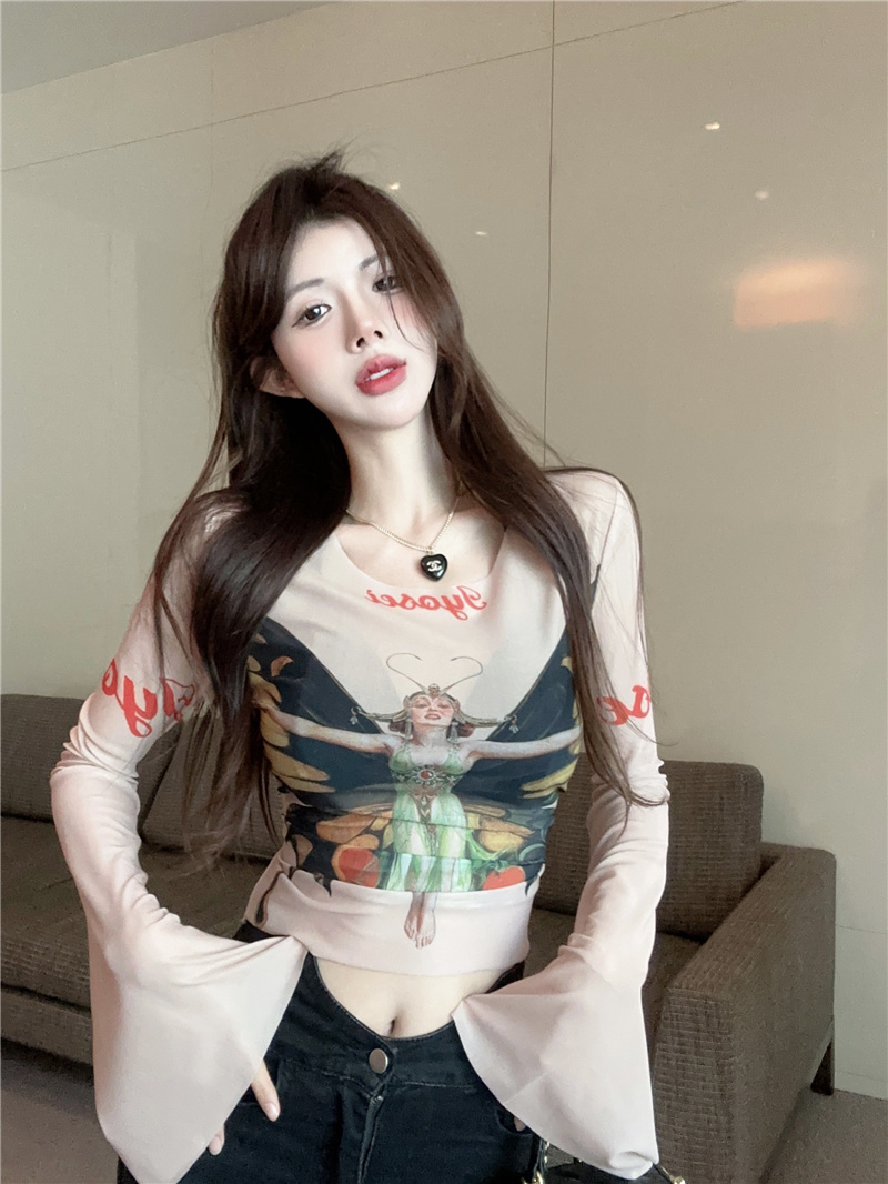 MY11644# 新款辣妹人像图案印花网纱短款T恤打底衫上衣女女裝貨源服裝批發