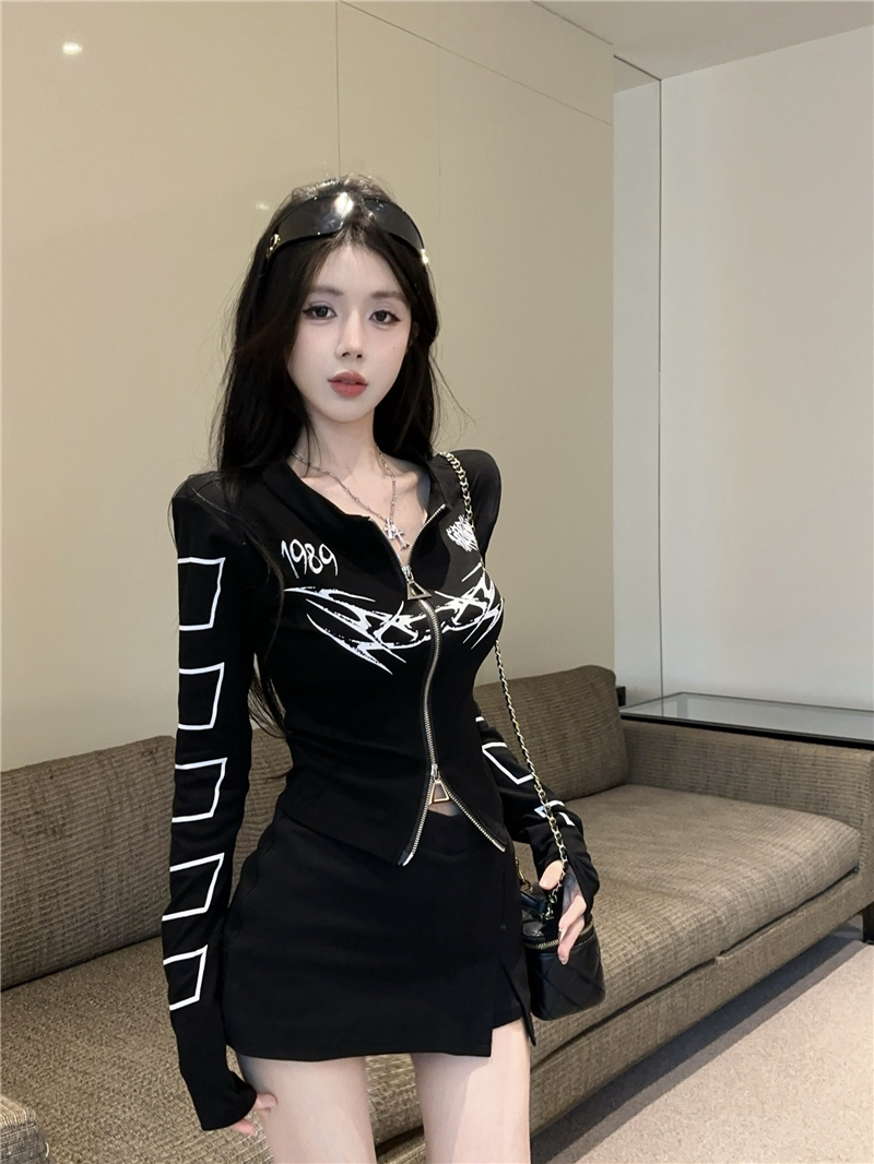 MY13268# 设计感立领双拉链短外套2025新款辣妹修身显瘦印花开衫女...