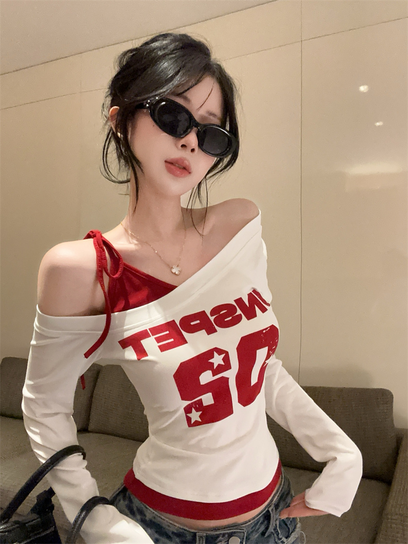 MY13273# 美式高街设计感假两件单肩带斜肩上衣拼接辣妹t恤女裝貨源服...