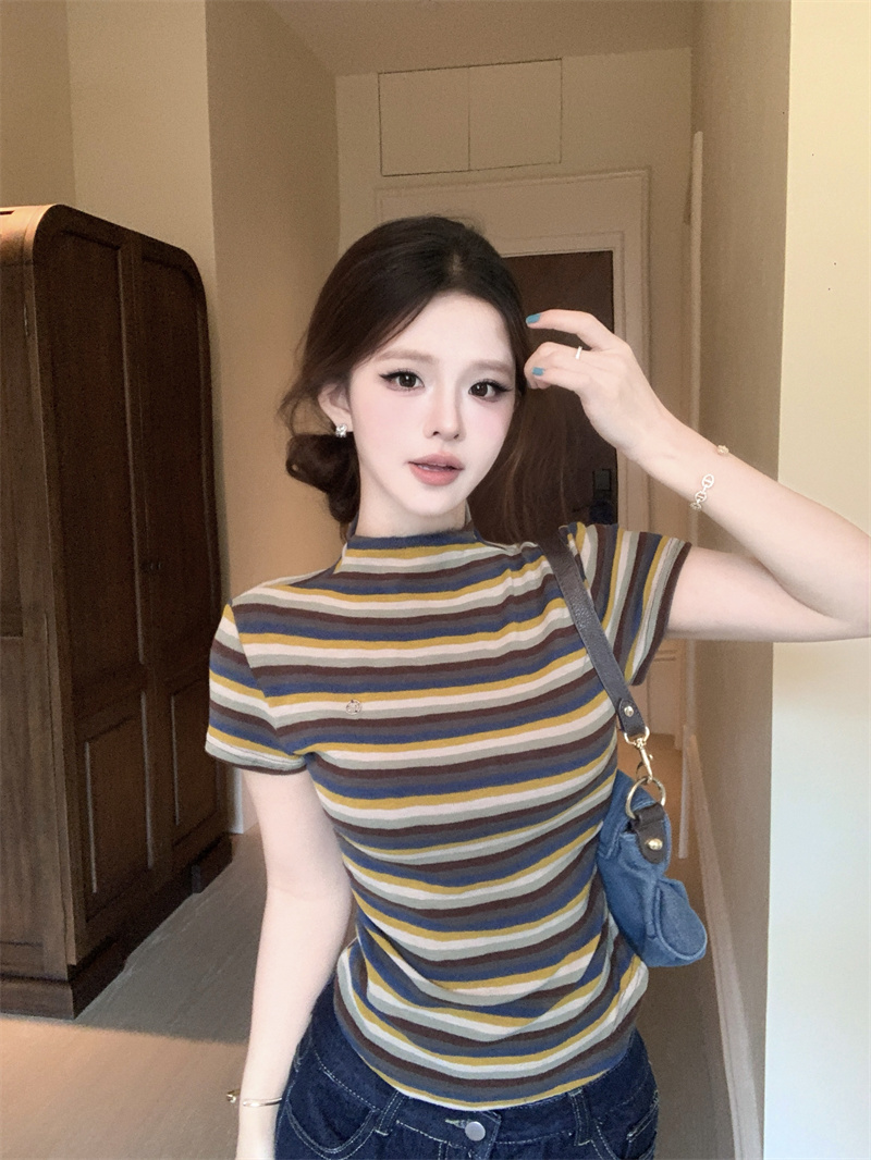 MY13272# 新款韩版修身显瘦半高领条纹短袖T恤打底衫上衣女裝貨源服裝...