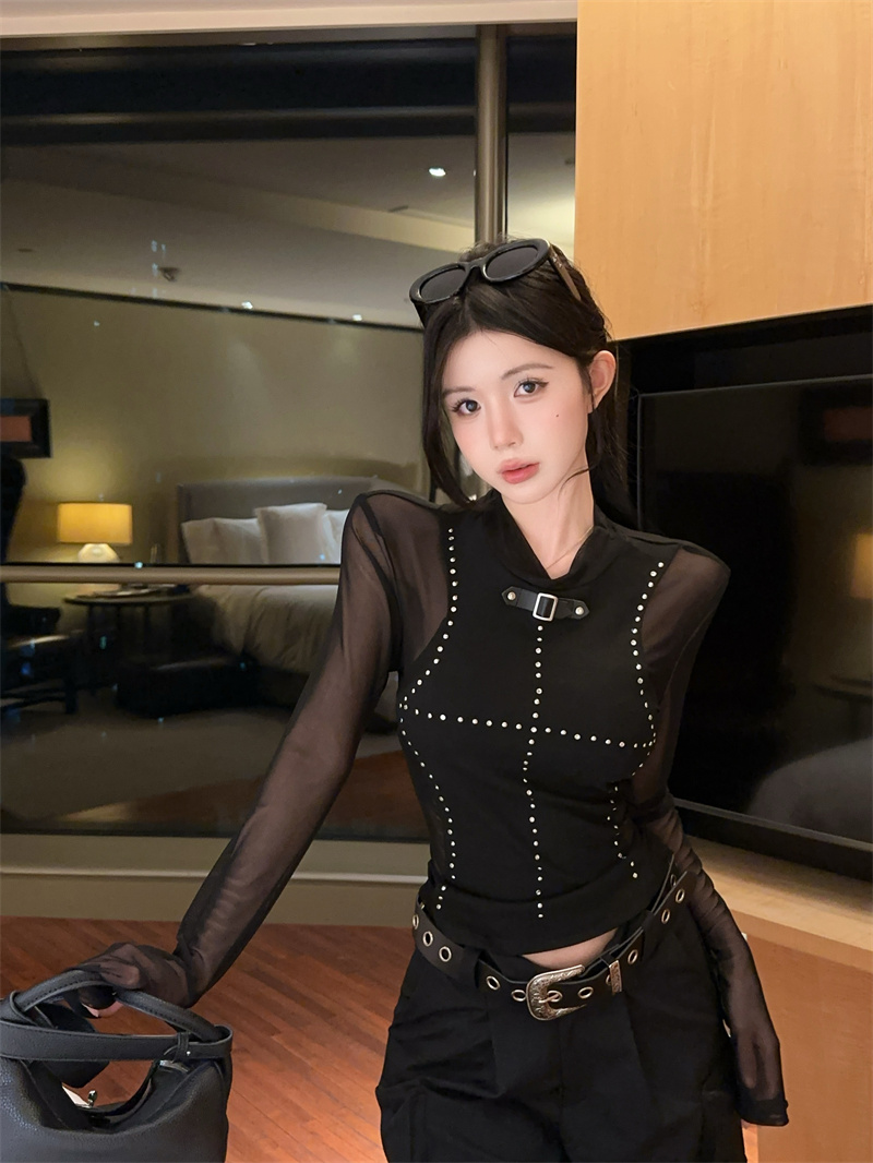 MY13408# 新款纯欲辣妹打钉网纱拼接t恤女性感透视绝美上衣女女裝貨源...