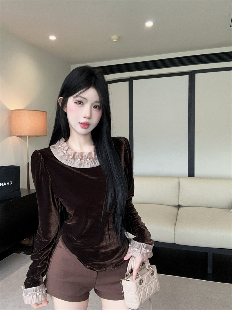 MY13674# 高级感穿搭小个子衬衫新款内搭泡泡袖丝绒上衣女裝貨源服裝批發