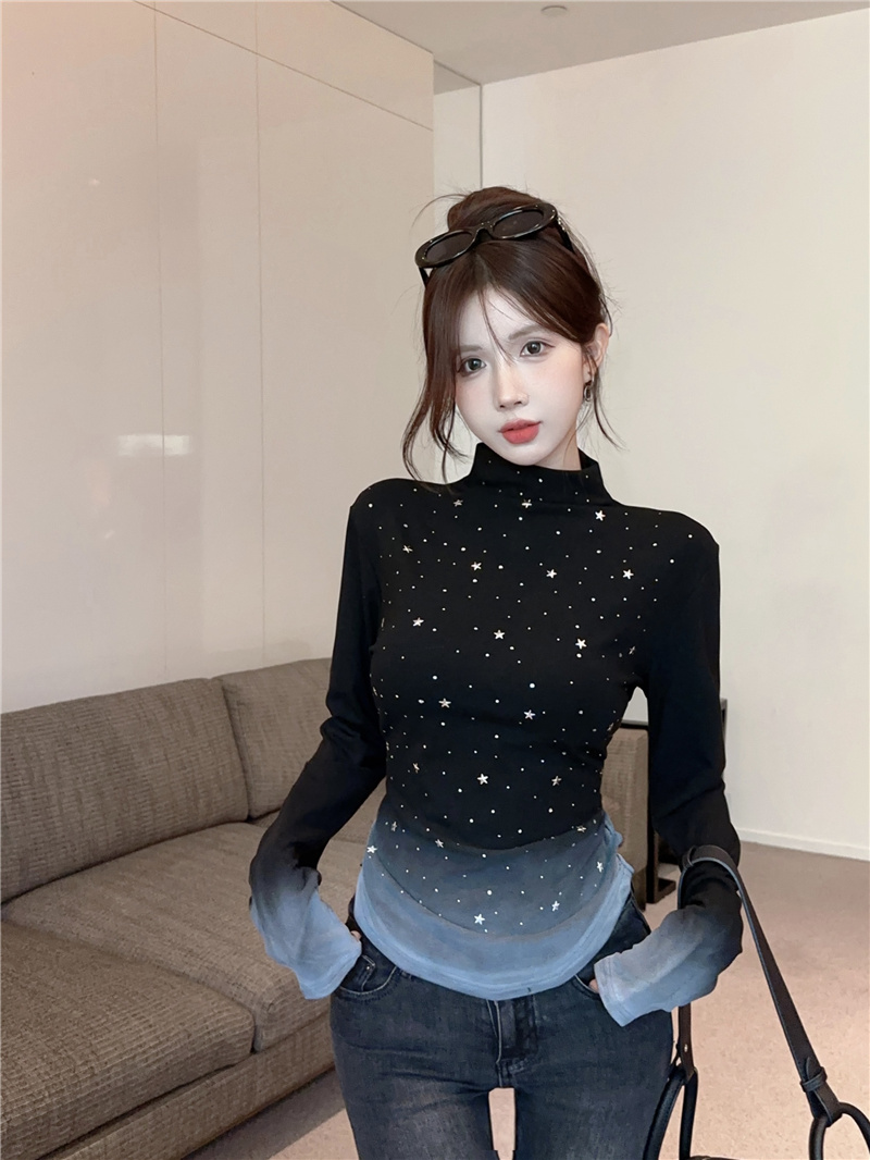 MY13673# 新款小众款五角星星空图案渐变色打底T恤衫女女裝貨源服裝批發