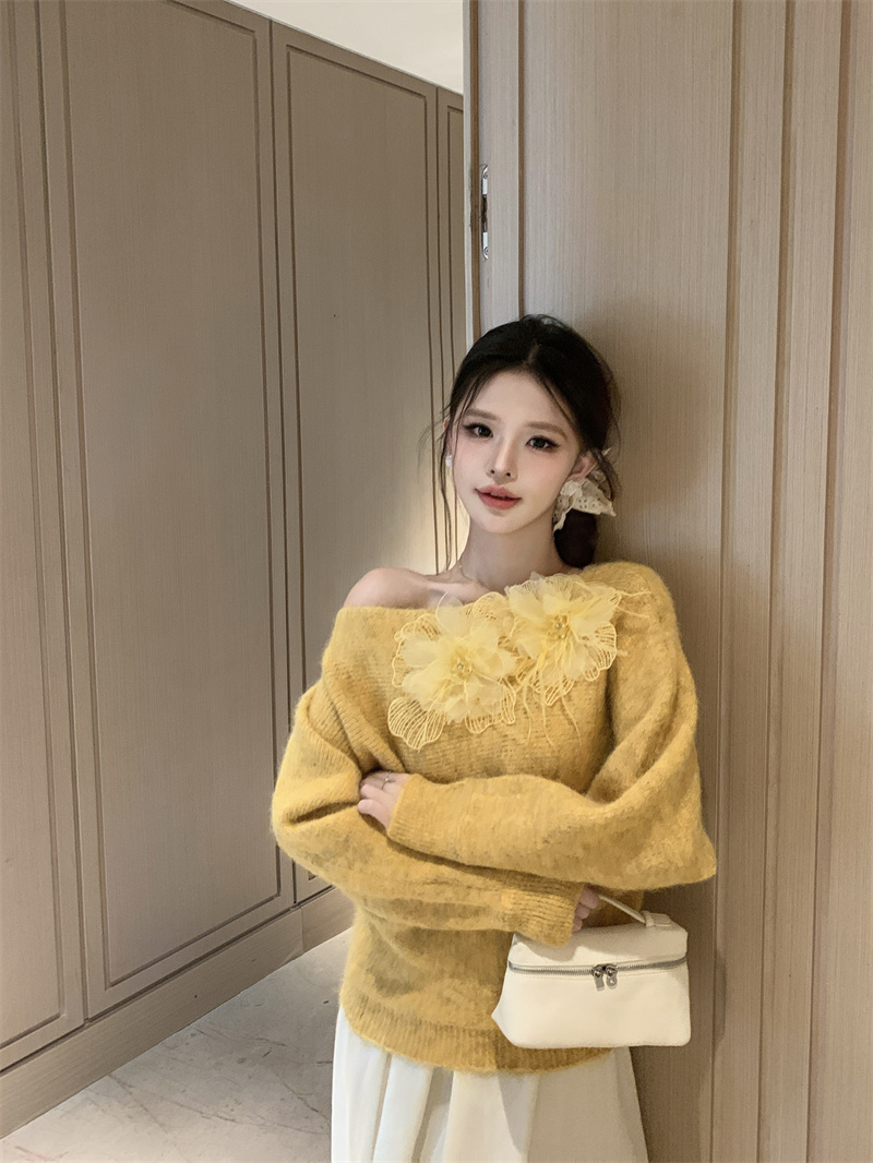 MY14807# 法式温柔风立体花朵针织衫新款秋冬慵懒风宽松毛衣女裝貨源服裝批發