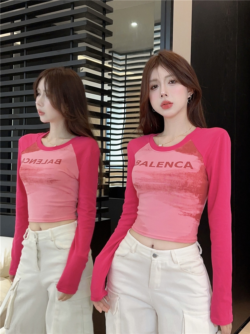 MY14806# 设计感扎染字母印花拼接长袖美式辣妹修身上衣女裝貨源服裝批發