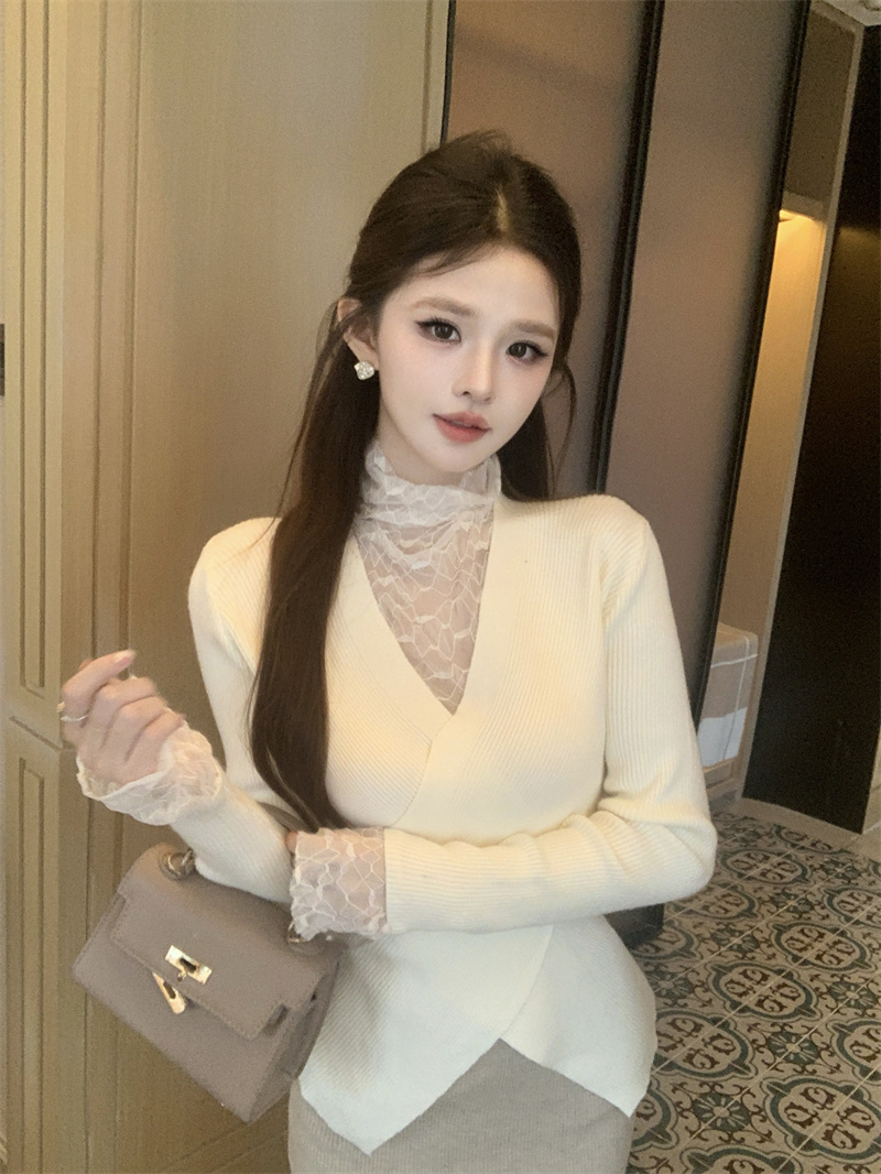 MY14908# 白色V领假两件蕾丝打底衫女内搭新款设计感毛衣女裝貨源服裝批發