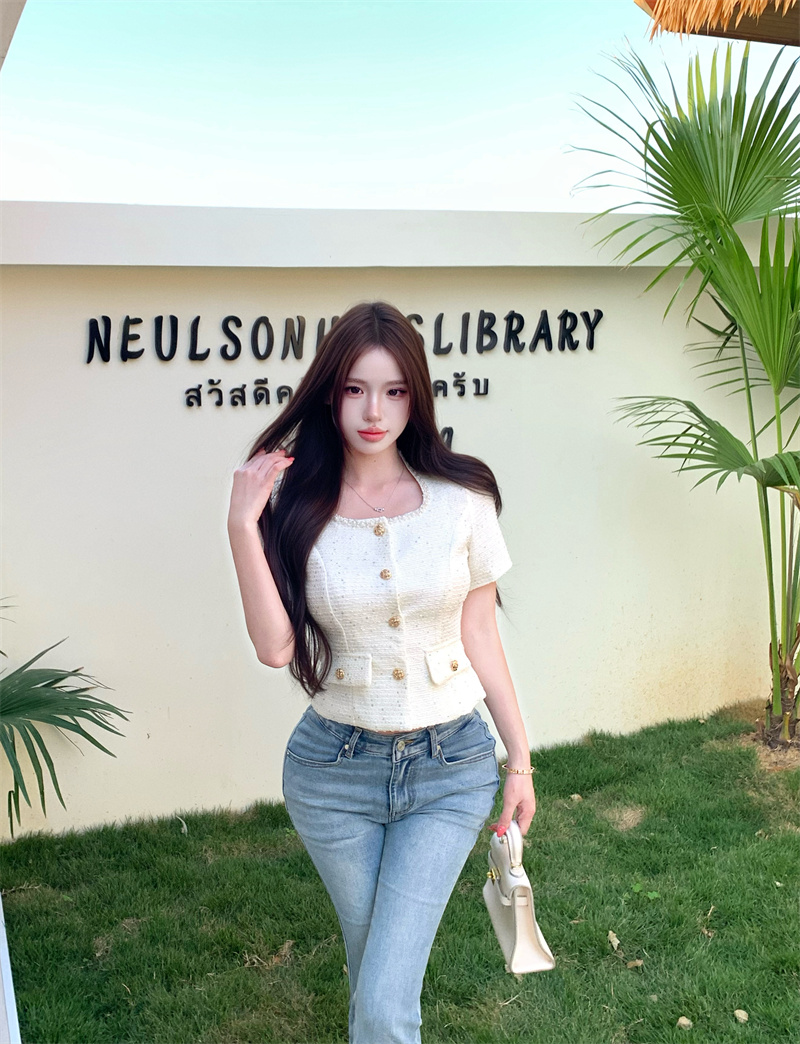 RY1998# 实价实拍~法式千金风重工钉珠方领短袖衬衫亮片气质修身显瘦上衣