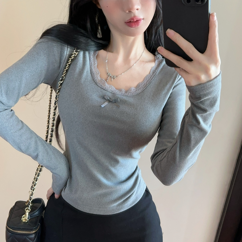 MY13724# 纯欲蕾丝边U领德绒打底衫长袖修身T恤气质内搭上衣女裝貨源...