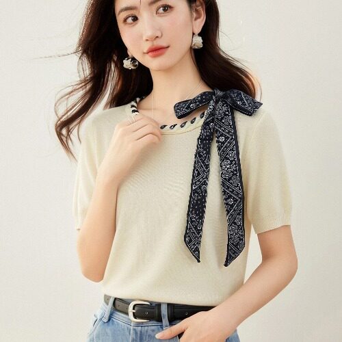 時尚減齡條紋拼色圓領韓版天絲針織短袖女氣質T恤夏季薄百搭半袖t