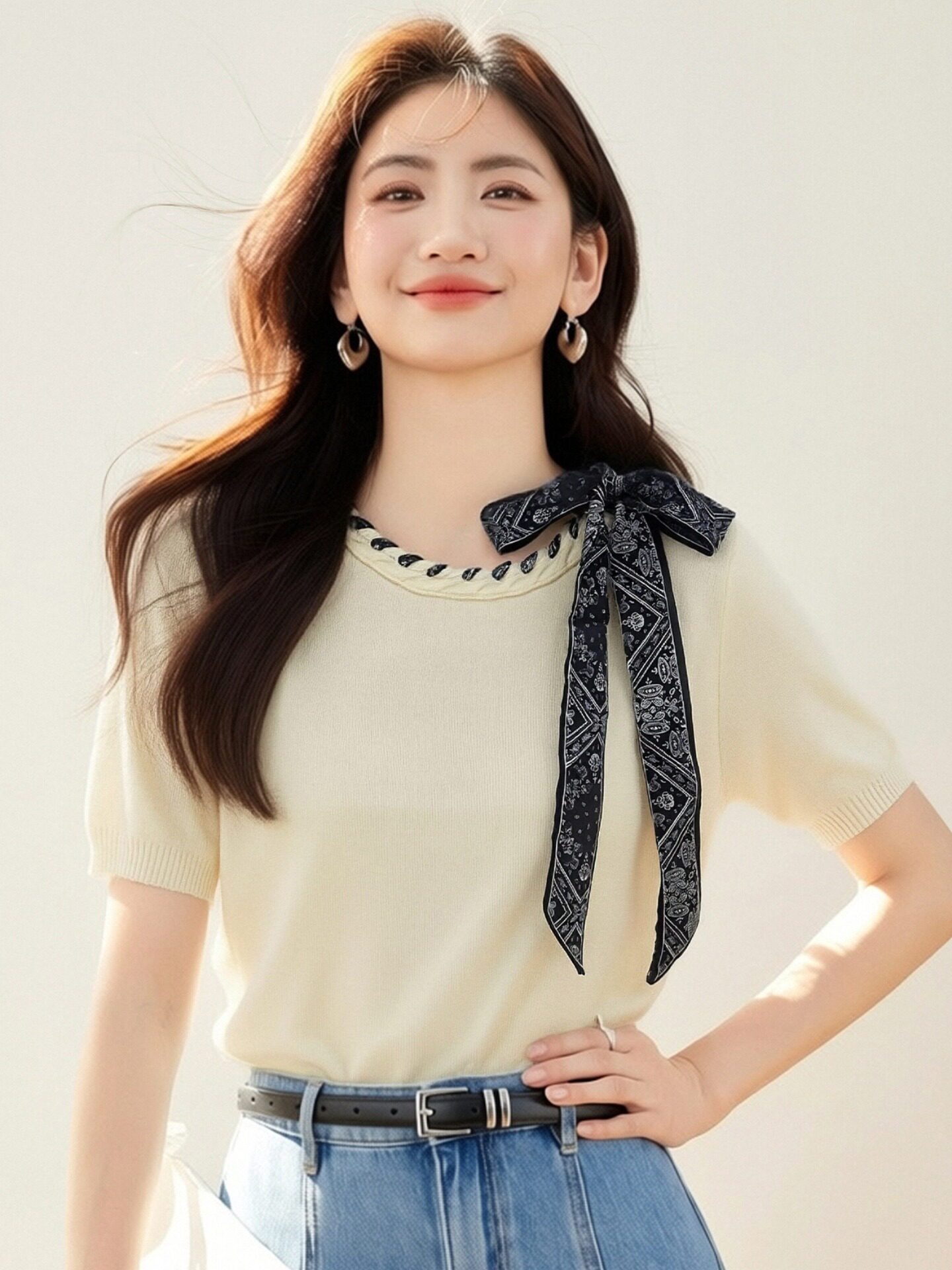 時尚減齡條紋拼色圓領韓版天絲針織短袖女氣質T恤夏季薄百搭半袖t