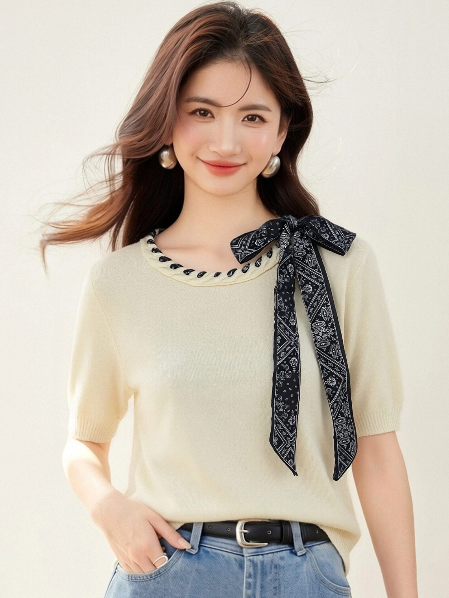 時尚減齡條紋拼色圓領韓版天絲針織短袖女氣質T恤夏季薄百搭半袖t
