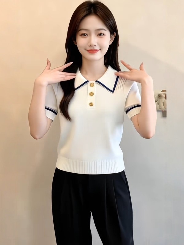 法式白色Polo領針織短袖T恤女2026夏季大碼胖MM顯瘦氣質絕美上衣