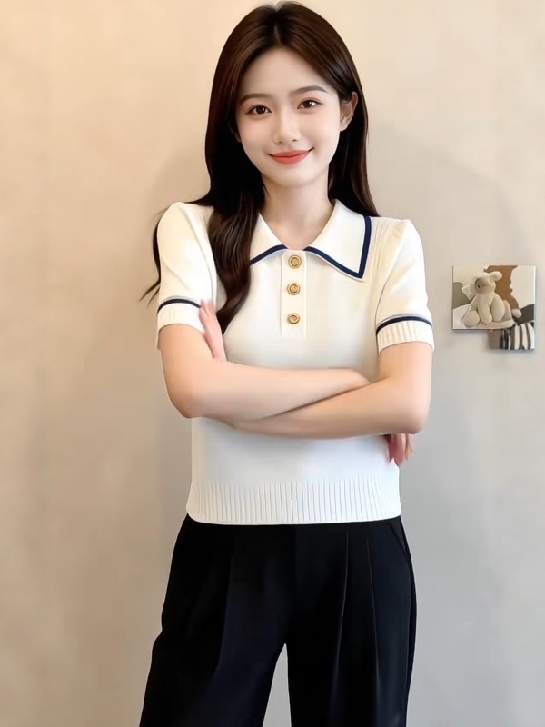 法式白色Polo領針織短袖T恤女2026夏季大碼胖MM顯瘦氣質絕美上衣