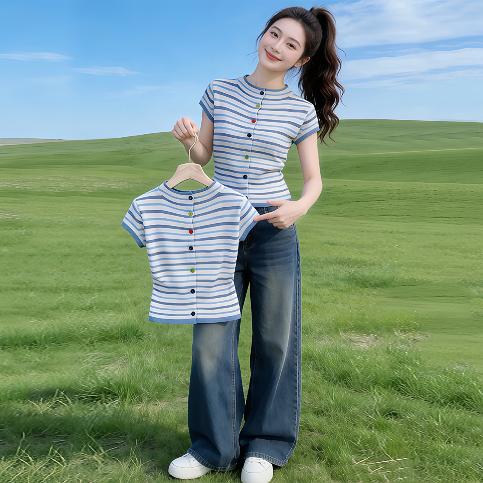 法式復古氣質短款條紋T恤女2026夏季新款高級感簡約短袖針織衫潮