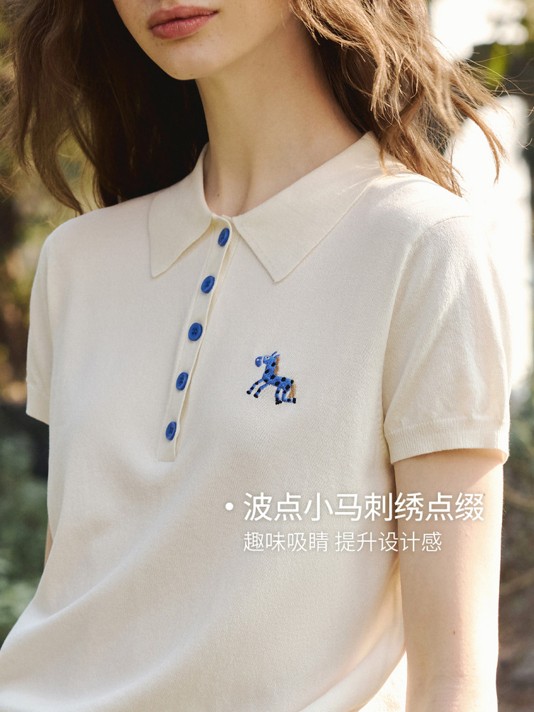 好看休閑POLO領波點小馬刺繡毛針織衫女夏季2026年新款短袖上衣