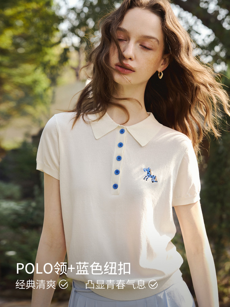 好看休閑POLO領波點小馬刺繡毛針織衫女夏季2026年新款短袖上衣