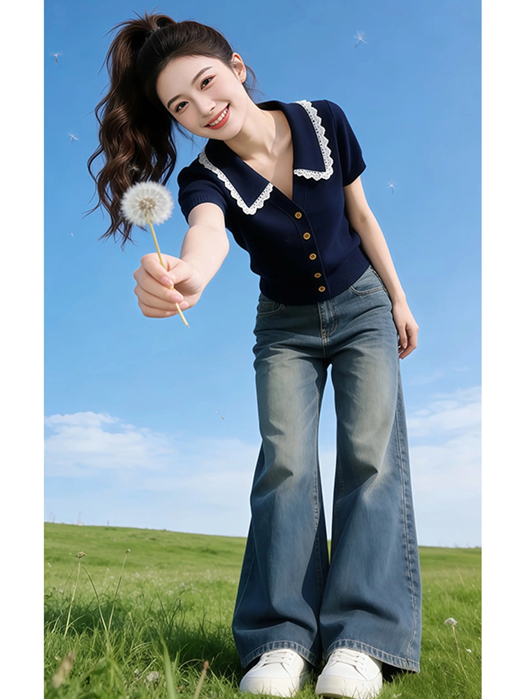 韓系蕾絲polo領針織短袖T恤女裝2026夏季新款辣妹休閑氣質短上衣