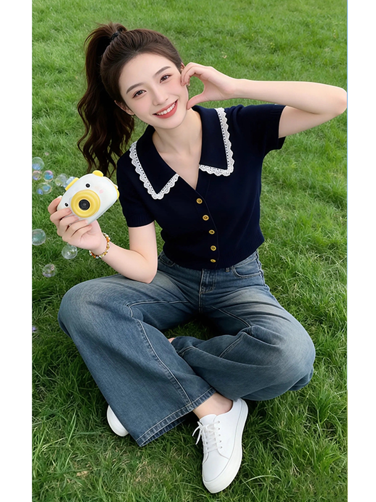 韓系蕾絲polo領針織短袖T恤女裝2026夏季新款辣妹休閑氣質短上衣