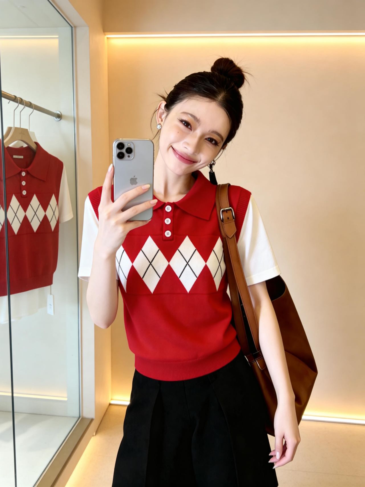 好看韓系學院風菱格polo領針織衫女紅色短袖慵懶氣質上衣