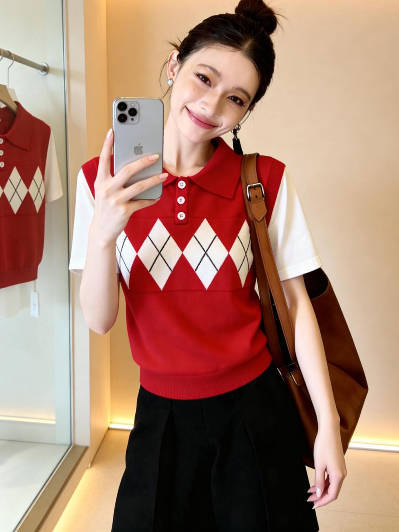 好看韓系學院風菱格polo領針織衫女紅色短袖慵懶氣質上衣