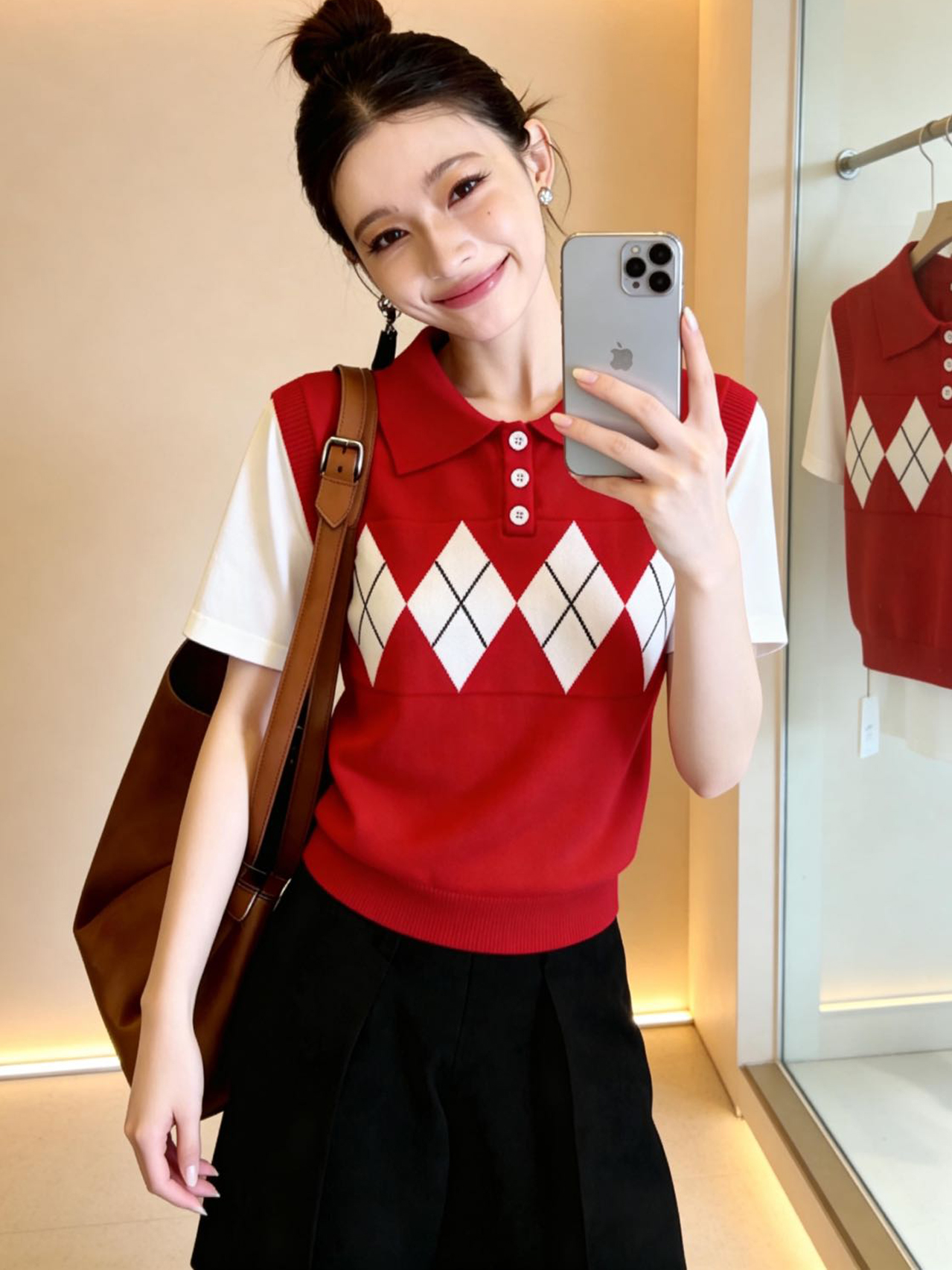 好看韓系學院風菱格polo領針織衫女紅色短袖慵懶氣質上衣