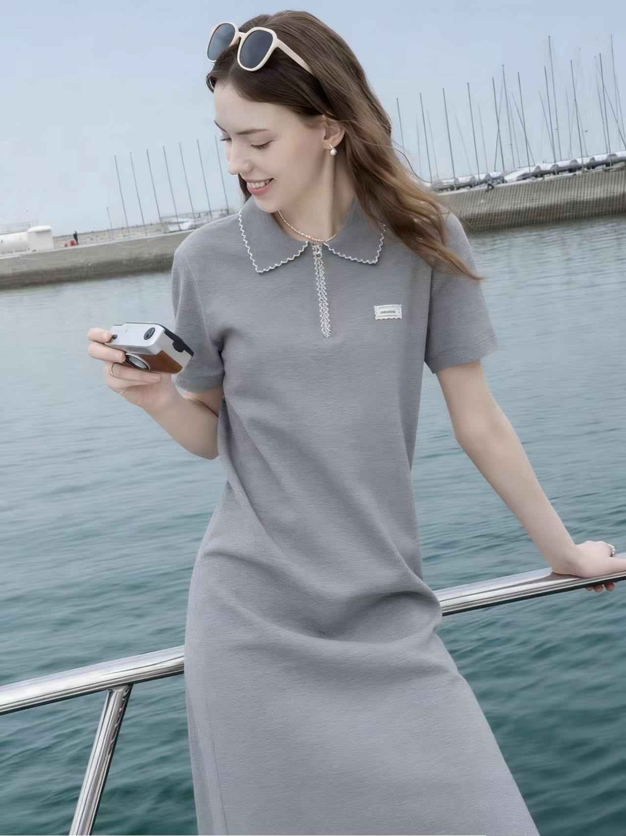 花邊領簡約休閑T恤裙女2026夏季新款短袖翻領灰色polo領A字連衣裙
