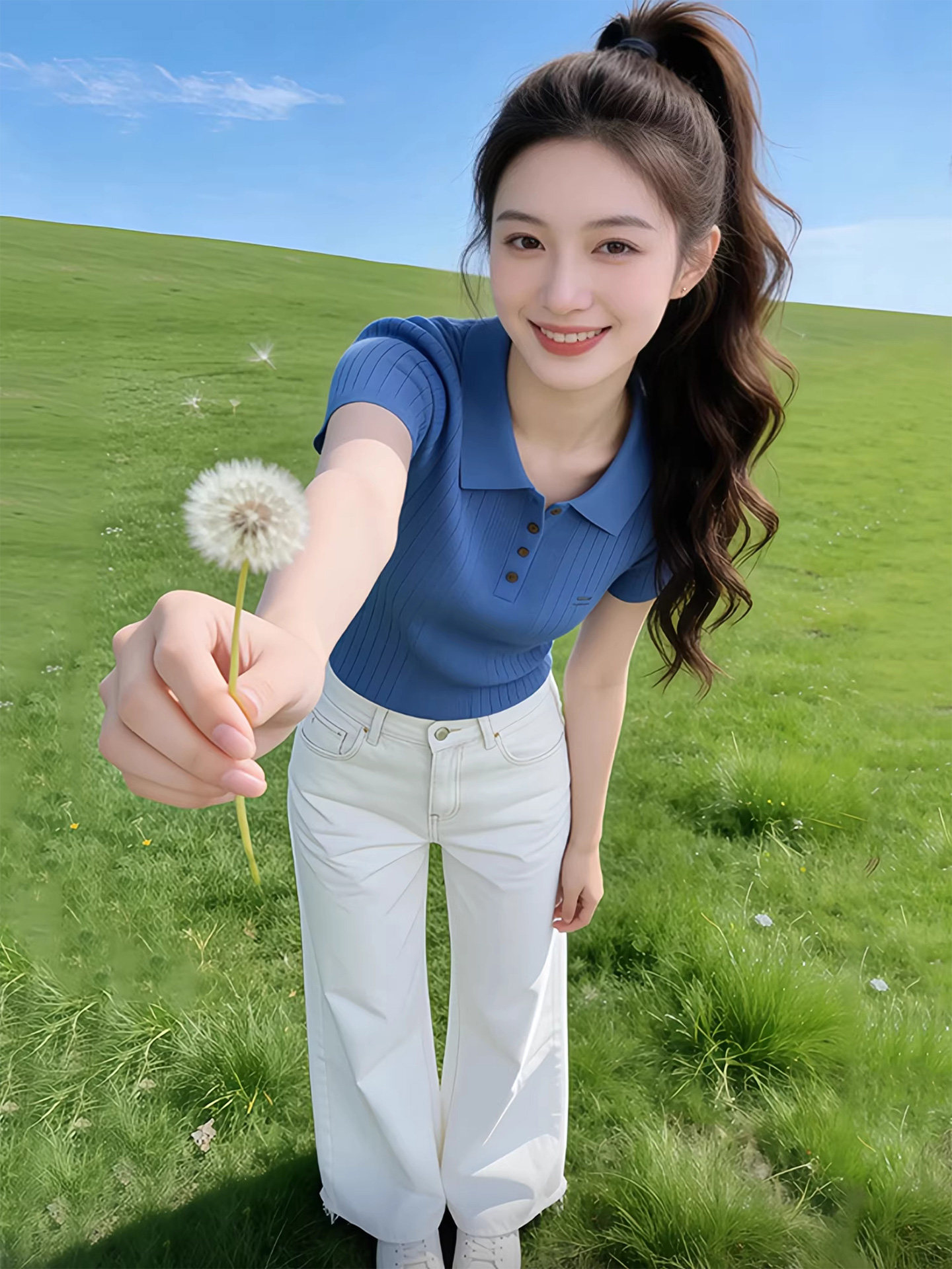 藍色POLO領短袖針織衫女夏薄款短款修身顯瘦韓系休閑百搭翻領上衣