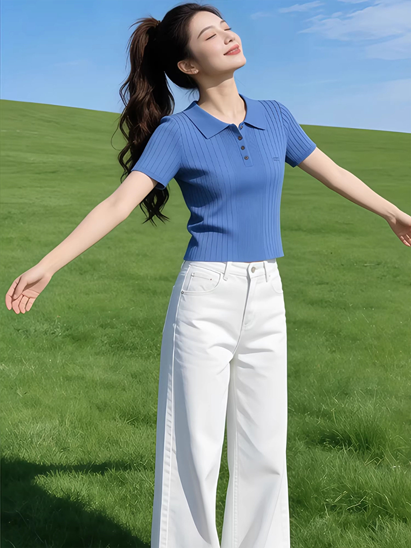 藍色POLO領短袖針織衫女夏薄款短款修身顯瘦韓系休閑百搭翻領上衣