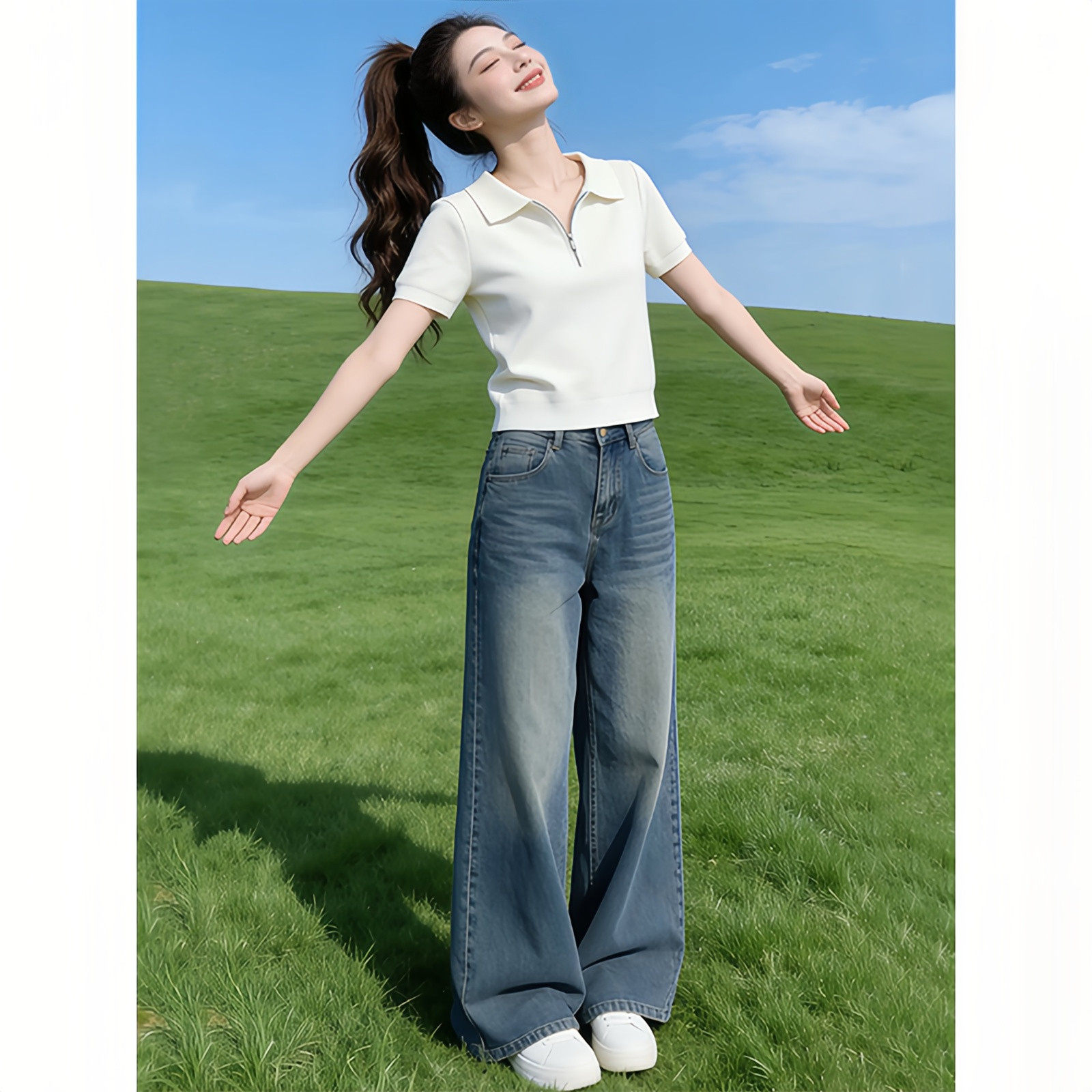 韓系正肩Polo領半拉鏈短袖T恤女夏季大碼胖mm顯瘦短款設計感上衣