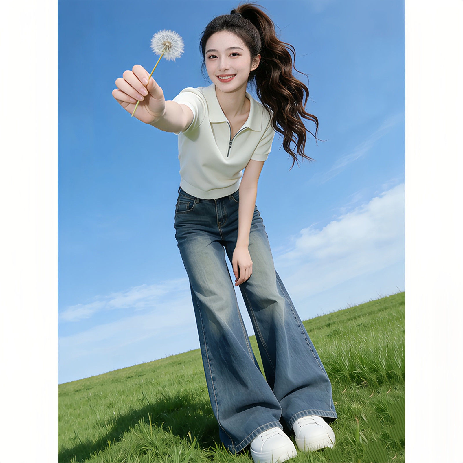 韓系正肩Polo領半拉鏈短袖T恤女夏季大碼胖mm顯瘦短款設計感上衣