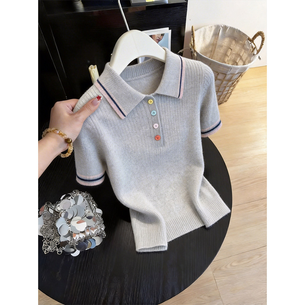 好看polo領白色針織短袖T恤女2026夏季新款微胖遮肉顯瘦氣質上衣