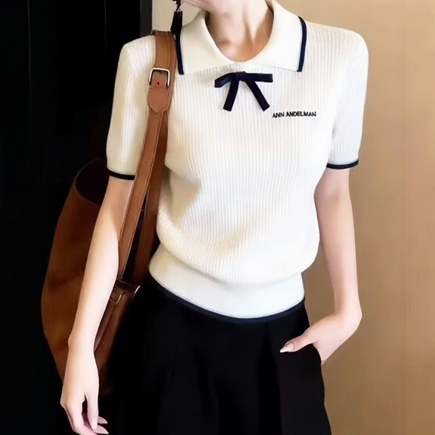 法式高級感蝴蝶結polo領針織衫女2026新款獨特漂亮收腰短袖上衣夏