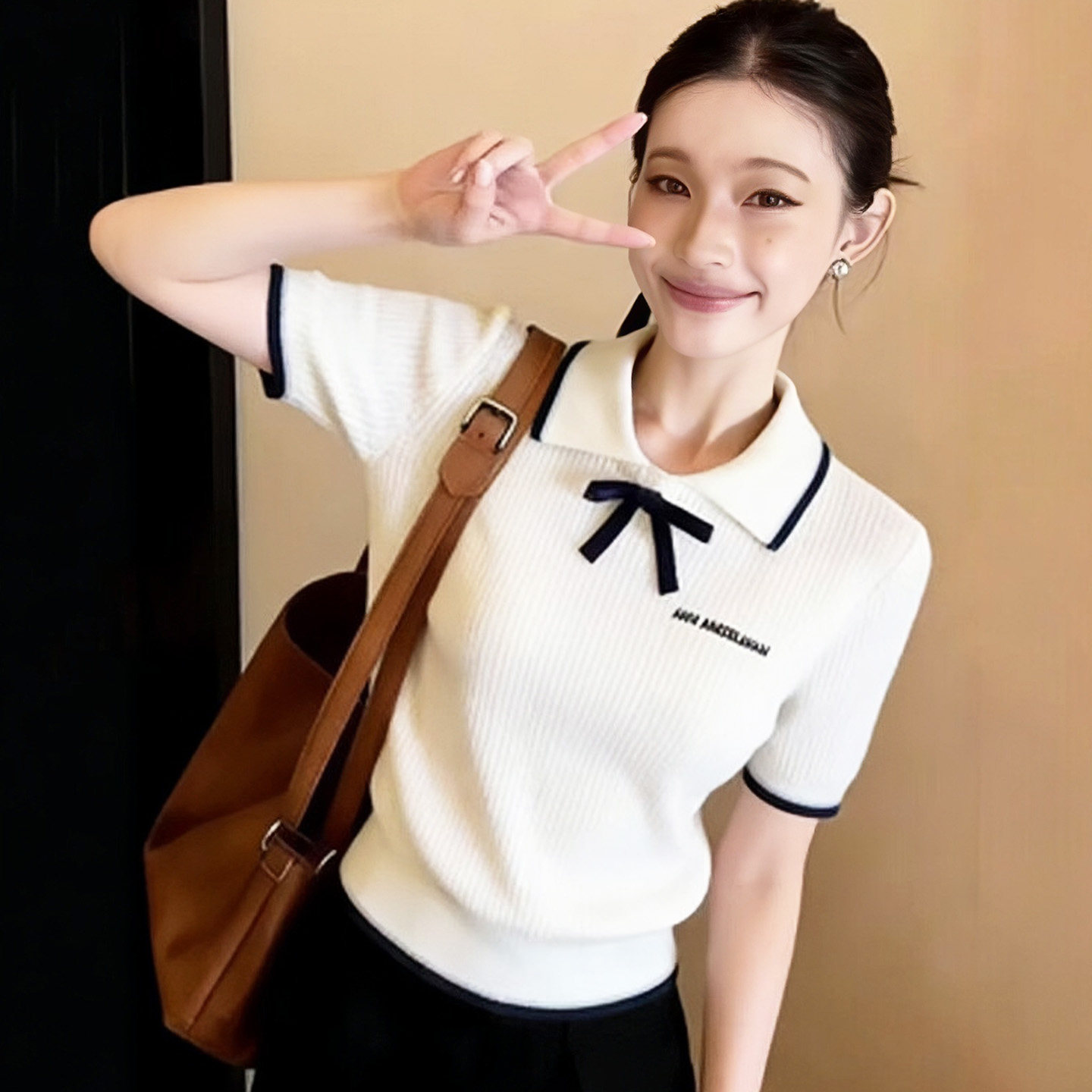 法式高級感蝴蝶結polo領針織衫女2026新款獨特漂亮收腰短袖上衣夏