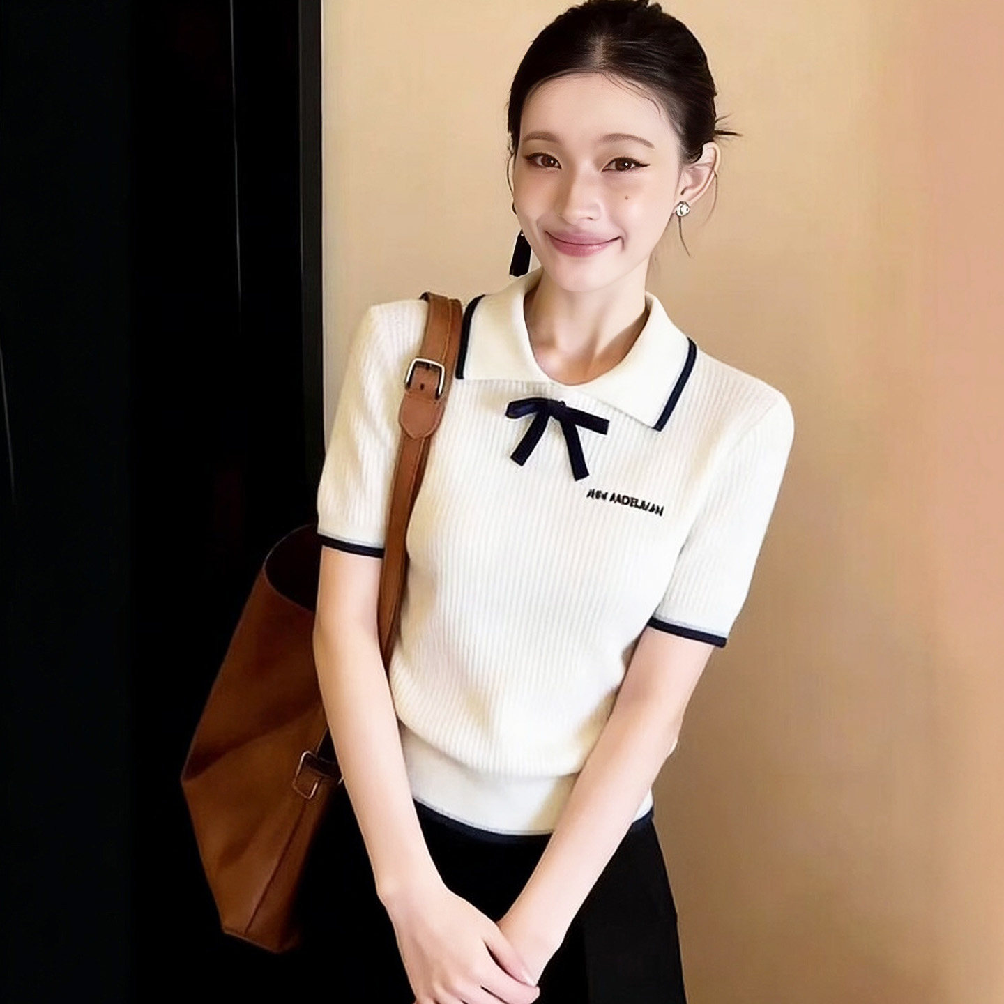 法式高級感蝴蝶結polo領針織衫女2026新款獨特漂亮收腰短袖上衣夏