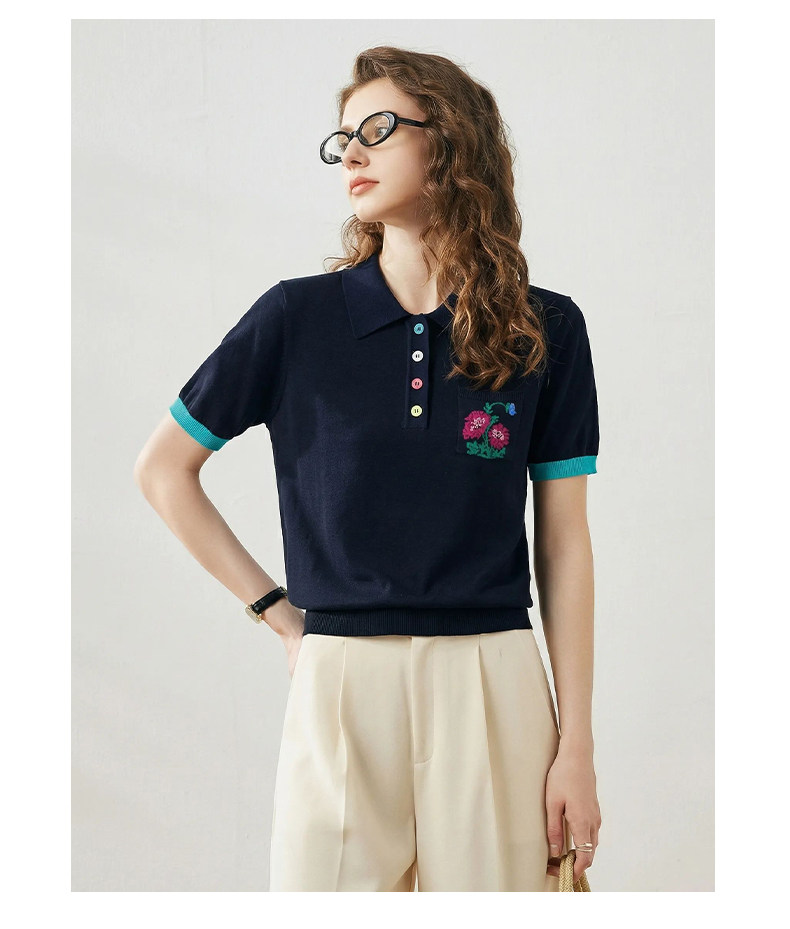 2026夏季新款復古翻領短袖針織衫女彩色扣子刺繡花朵深藍色上衣潮