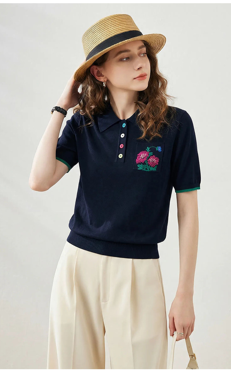 2026夏季新款復古翻領短袖針織衫女彩色扣子刺繡花朵深藍色上衣潮