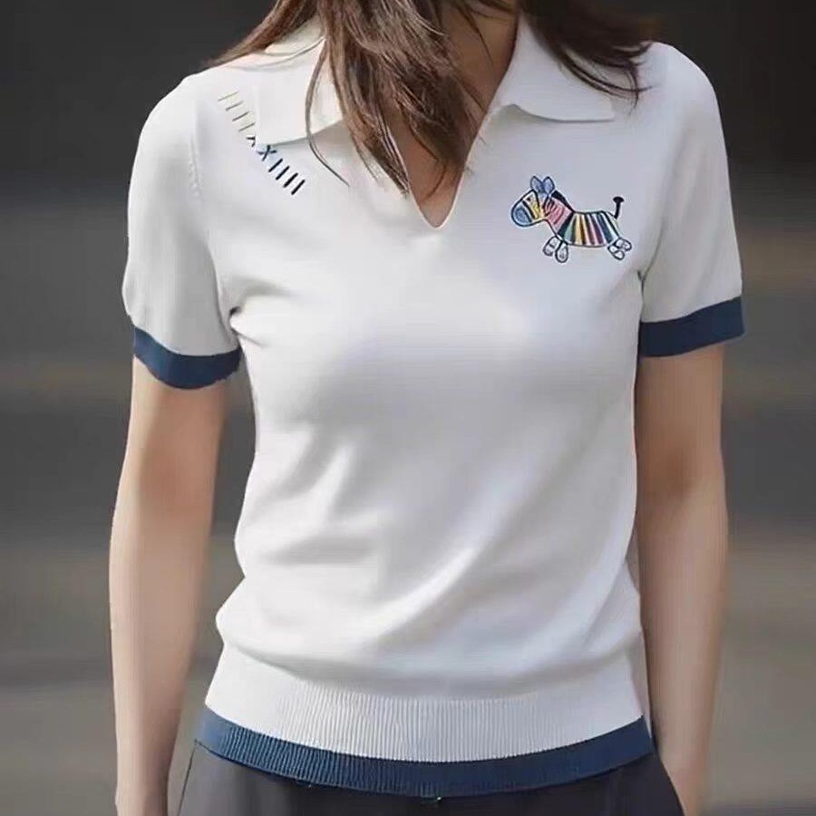2026夏季新款休閑風撞色翻領小馬圖案針織衫短袖女裝白色洋氣上衣