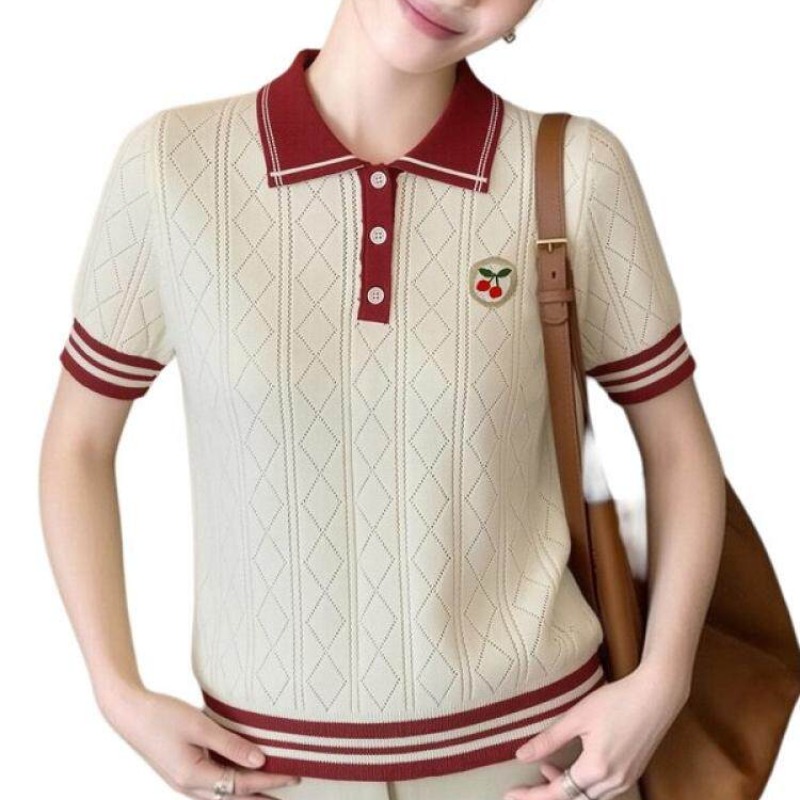 韓系學院風撞色櫻桃刺繡polo衫女夏鏤空透氣顯瘦短袖針織T恤上衣