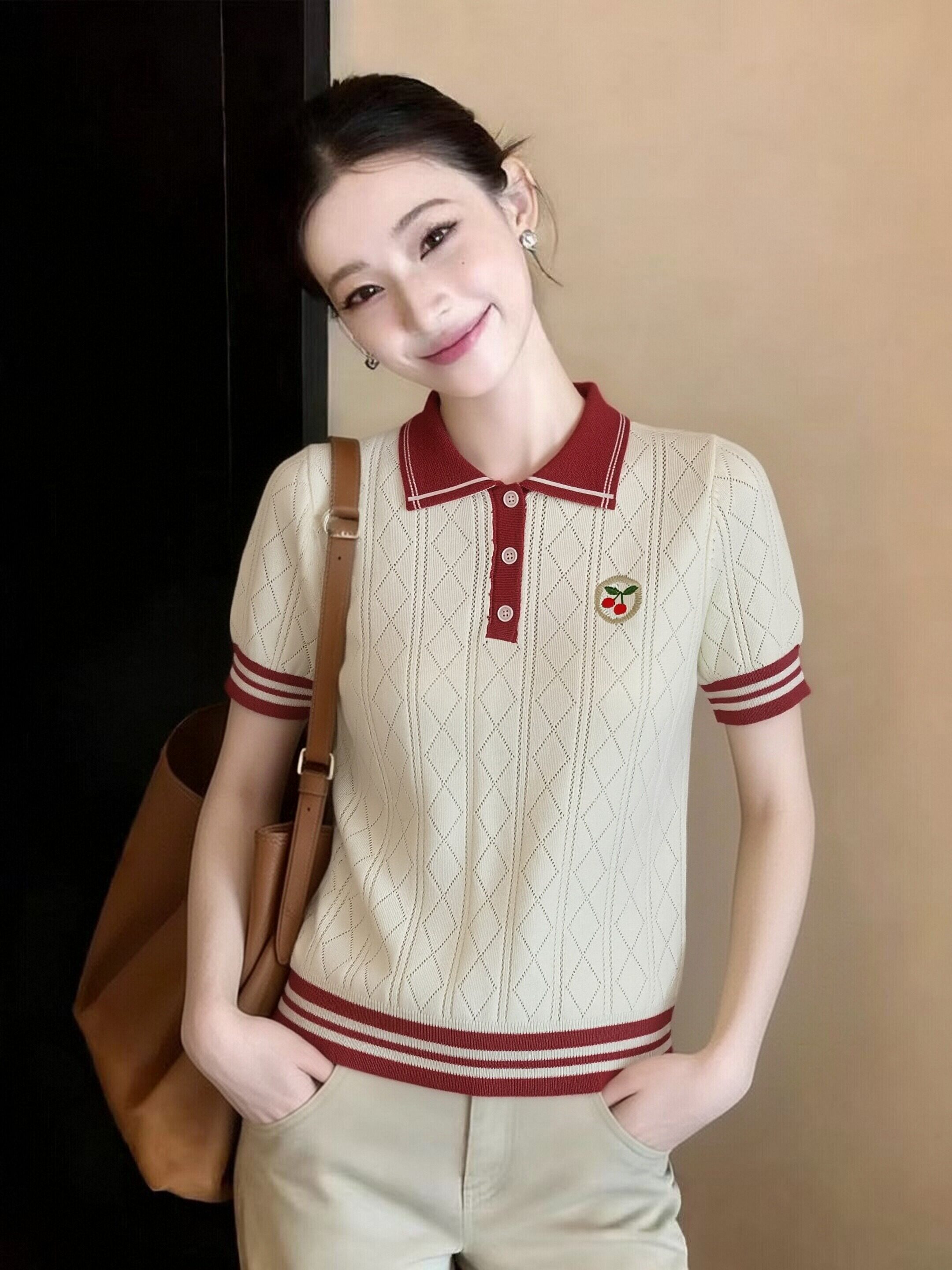韓系學院風撞色櫻桃刺繡polo衫女夏鏤空透氣顯瘦短袖針織T恤上衣