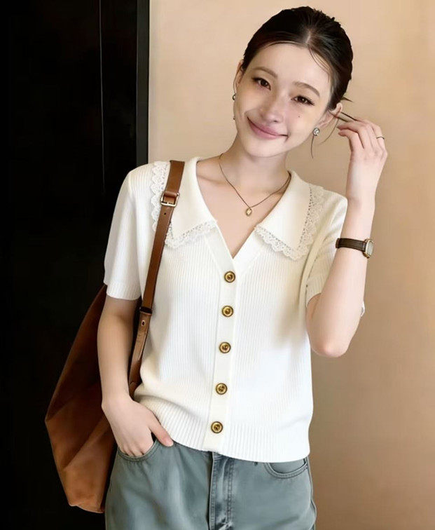蕾絲花邊翻領短袖休閑T恤女夏季大碼胖mm顯瘦高級感短款開衫上衣
