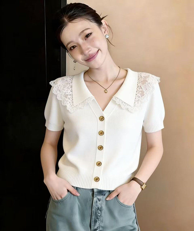 蕾絲花邊翻領短袖休閑T恤女夏季大碼胖mm顯瘦高級感短款開衫上衣